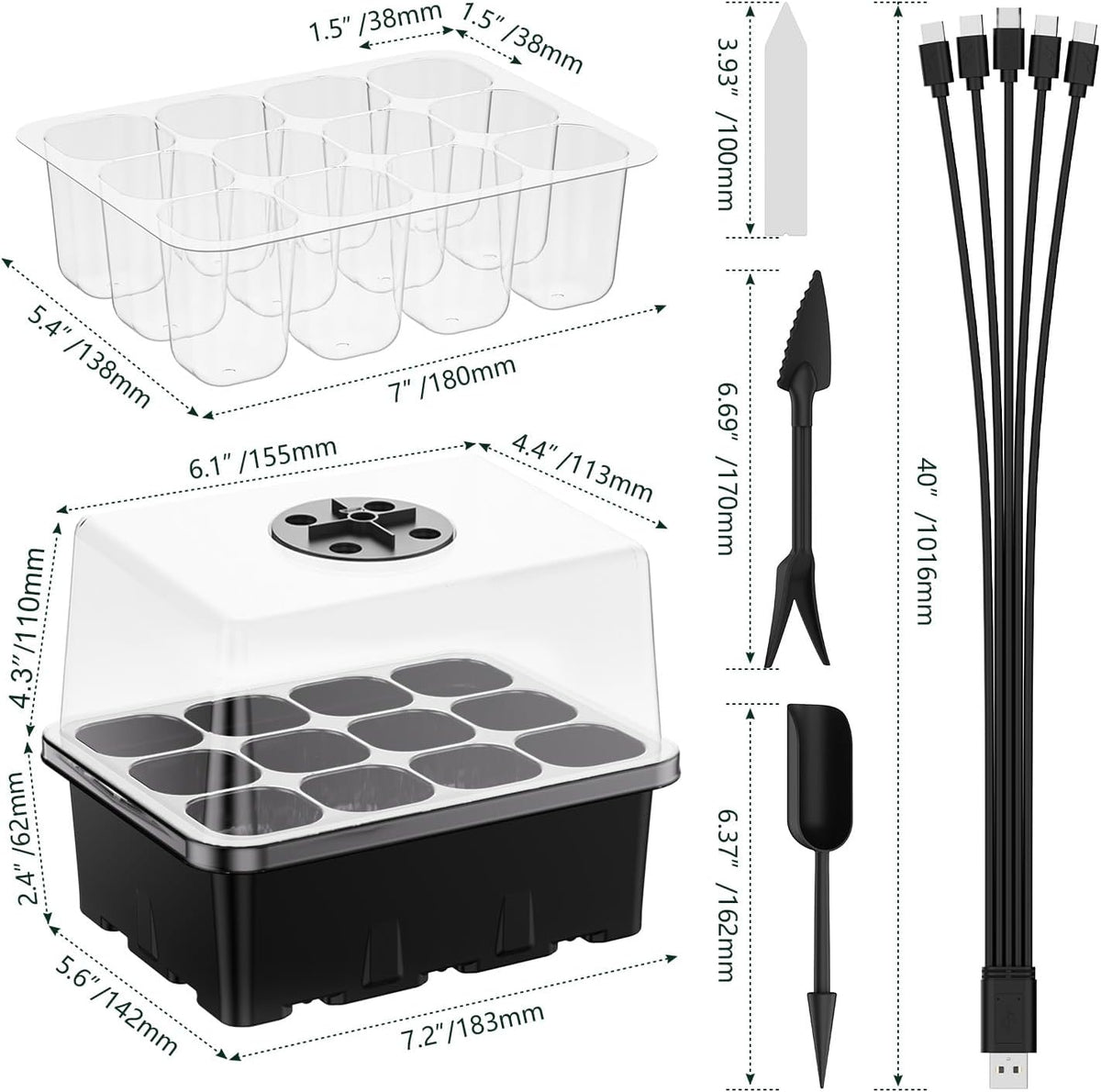 Seed Starter Tray with Grow Light, 5 Pack 60 Cells Seed Starter kit with Humidity Dome and Base, Plant Seedling Trays Indoor Greenhouse Gardening (Black 5 Pack)