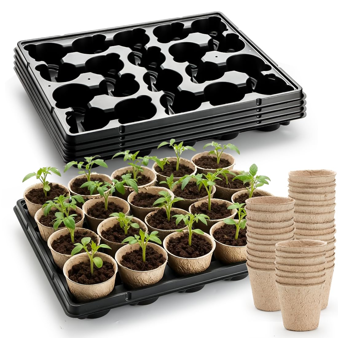 RooTrimmer 4 Inch 60 Pack Nursery Pots with Humidity Domes & 5 Pack 12 Cell Round Seedling Pot Carrying Trays, Sturdy Seeds Starter Pot Germination Set, Small Planter Nursery Propagation 5 Sets