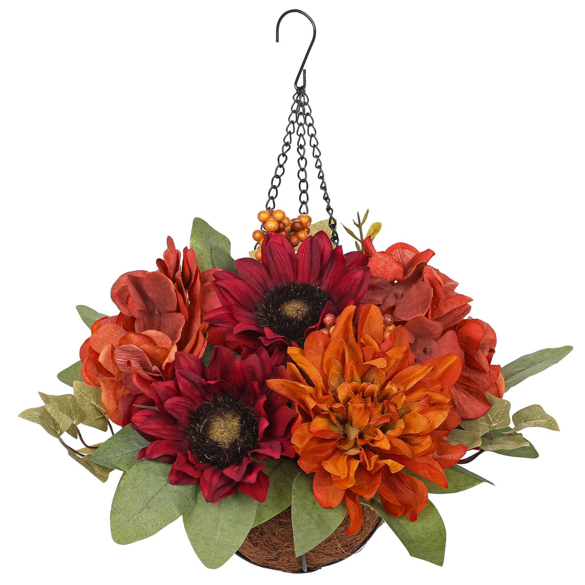 Hollyone 11" Fall Hanging Baskets Hydrangea Peonies Small Artificial Flowers Fall Hanging Decor Hydrangea Fake Flowers Faux Plants Red Orange Indoor Outdoor Porch Patio Garden Autumn Home Decorations