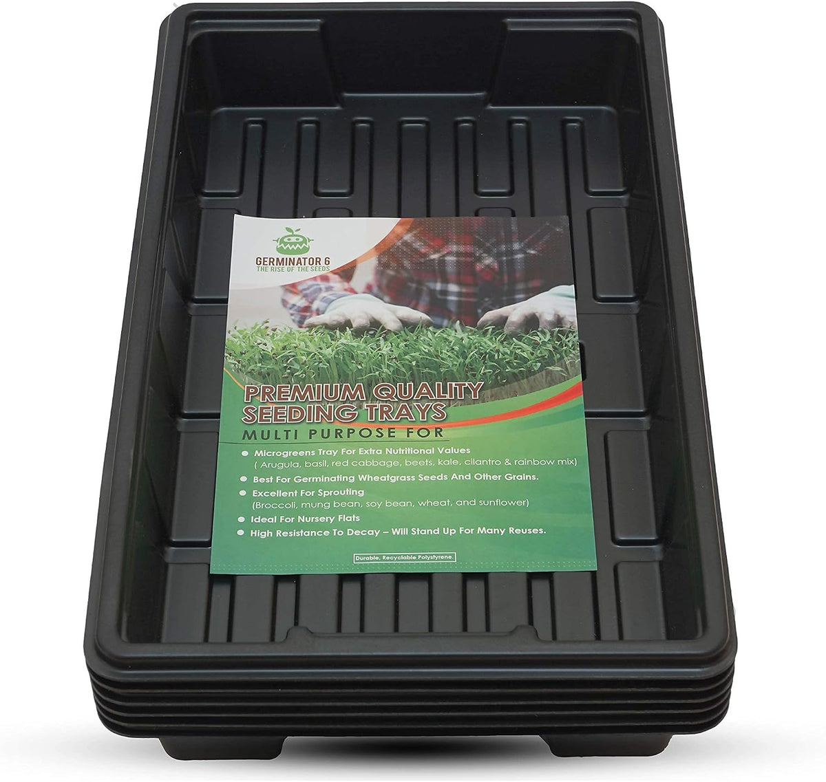 6 Pack Premium Quality Seedling Trays, Microgreens Growing Trays, No Drain Holes, Heavy Duty, Durable Plastic, 1.5mm Thick, Plants Drip Tray, Best for Sprouting Vegetables and Wheatgrass