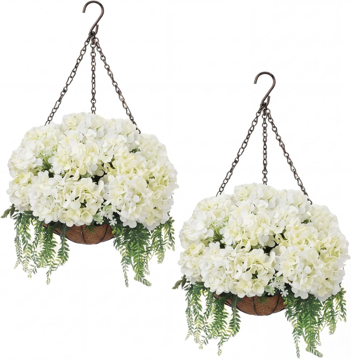 2 Pack Artificial Hanging Hydrangea Flowers with Basket for Outdoor, White
