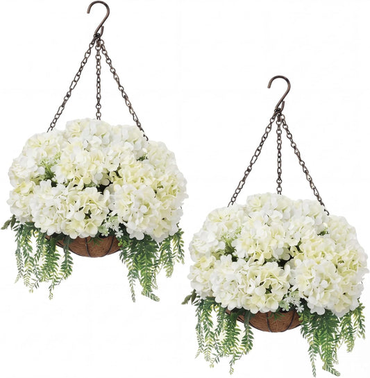 2 Pack Artificial Hanging Hydrangea Flowers with Basket for Outdoor, White