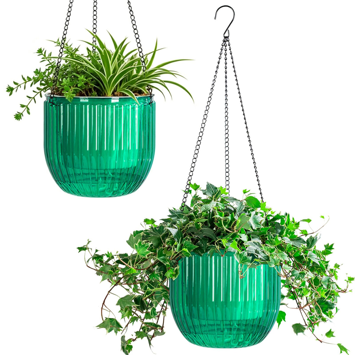 Melphoe 2 Pack Self Watering Hanging Planters Indoor Flower Pots, 6.5 Inch Outdoor Hanging Basket, Plant Hanger with 3Hooks Drainage Holes for Garden Home (Emerald)