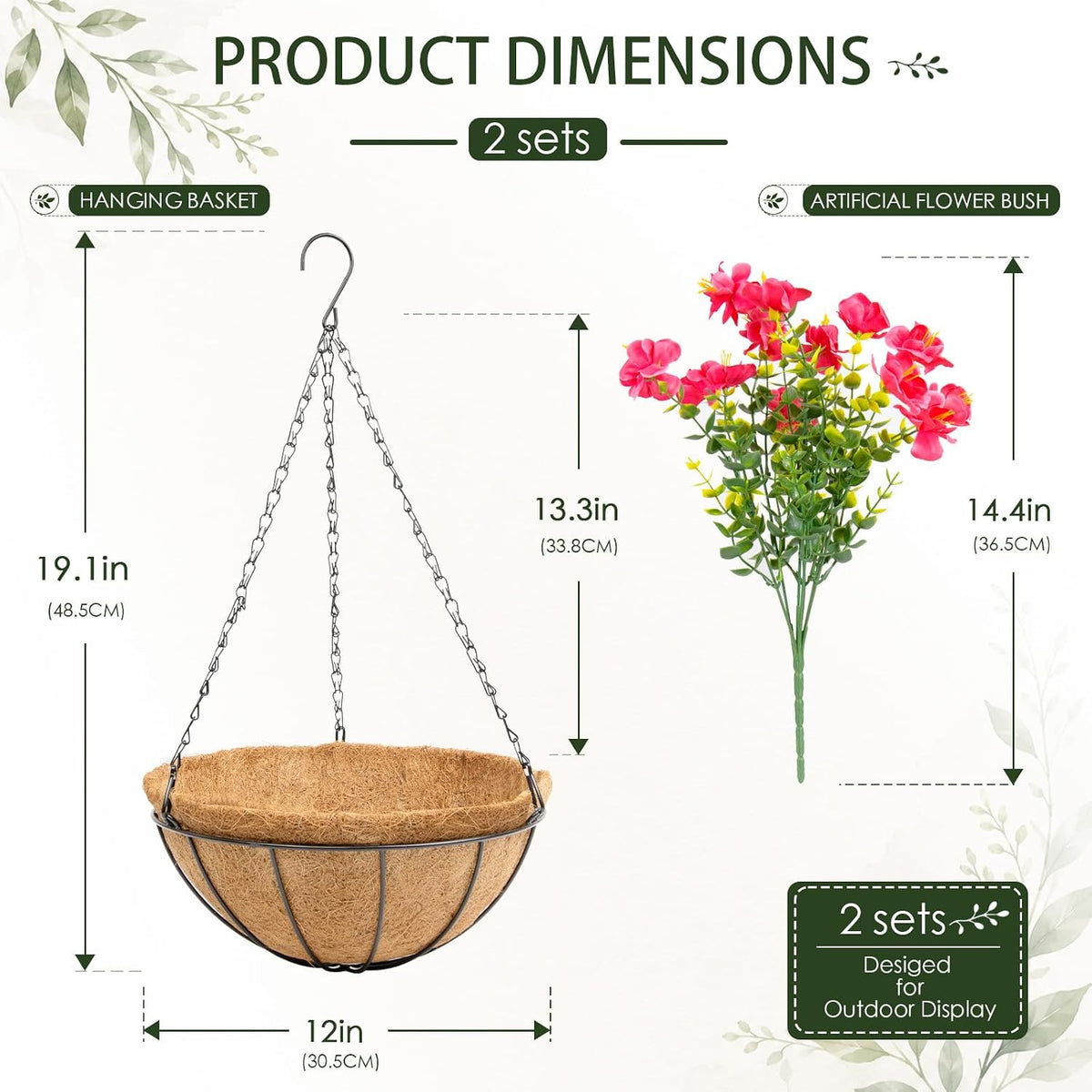 2 Set Artificial Outdoor Flowers with Hanging Basket, Outside Decor