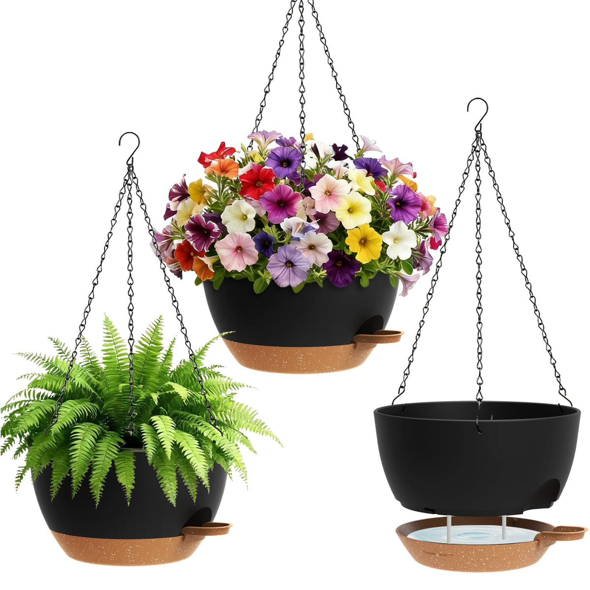 UOUZ 4 Pack 8 Inch Self Watering Hanging Planters for Indoor Outdoor Plants，Hanging Pots for Plants with Drainage Removable Tray, Hanging Baskets Flower Pots for Pothos Spider Garden Black with Brown