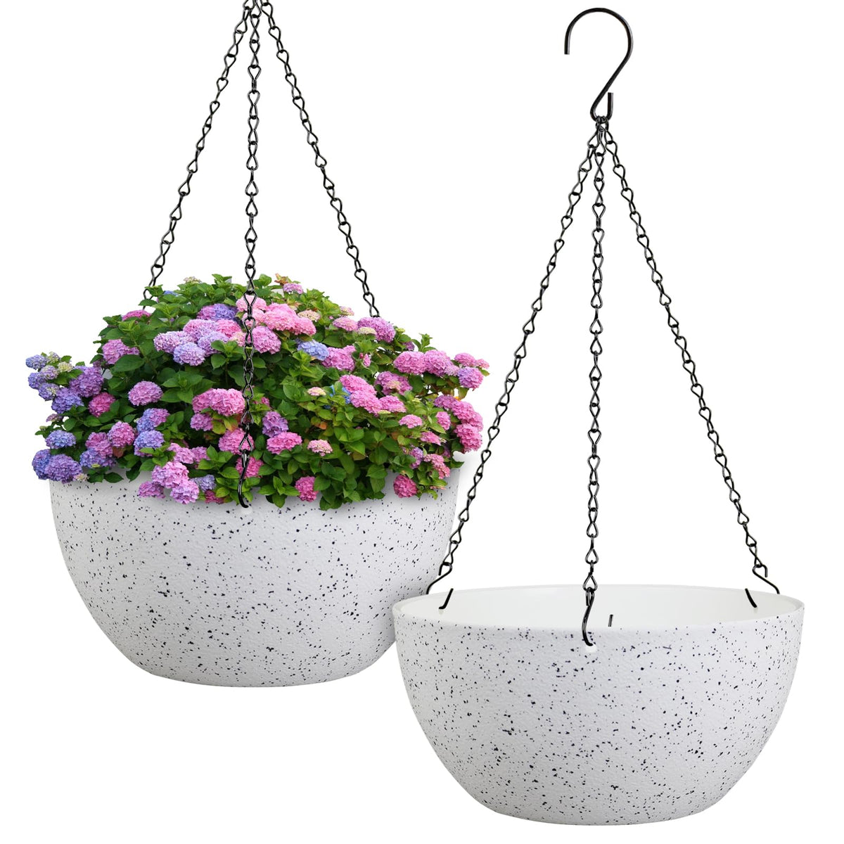 Meowell 10 inch Hanging Planters for Indoor Outdoor Plants, 2 Pack Hanging Flower Pots with Drainage Holes and Chain for Garden Porch, Round Plastic Hanging Baskets for House Plants, Black