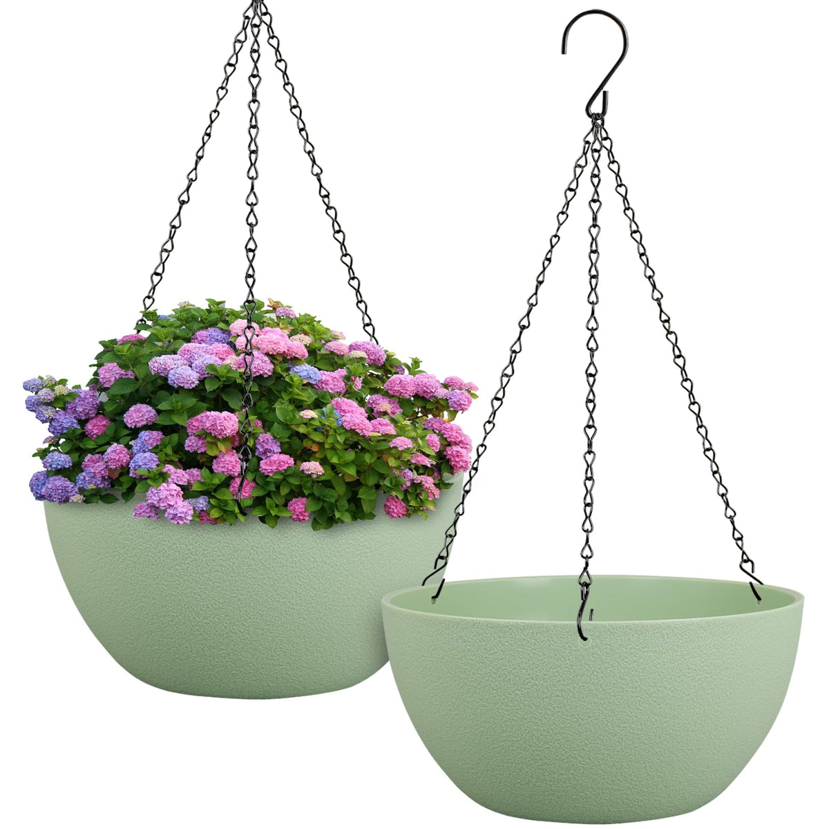 Meowell 10 inch Hanging Planters for Indoor Outdoor Plants, 2 Pack Hanging Flower Pots with Drainage Holes and Chain for Garden Porch, Round Plastic Hanging Baskets for House Plants, Black