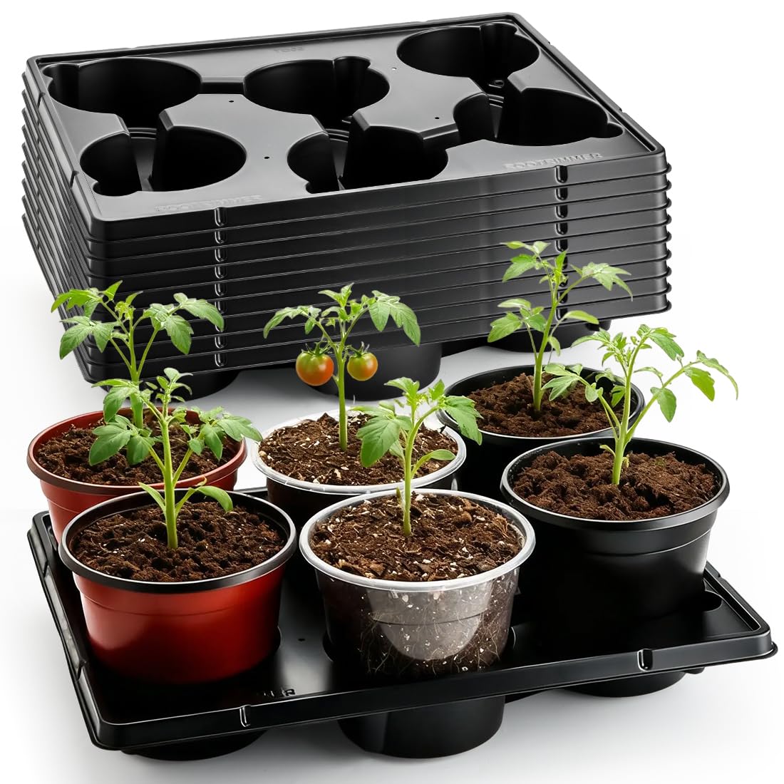 RooTrimmer 4 Inch Plastic Plant Pots 60 Pcs and 12 Cell Nursery Pots Trays 5 Pcs, Thick Sturdy Seeds Starting Germination Shuttle Carrying Trays, Black Small Planter Nursery Propagation 5 Sets