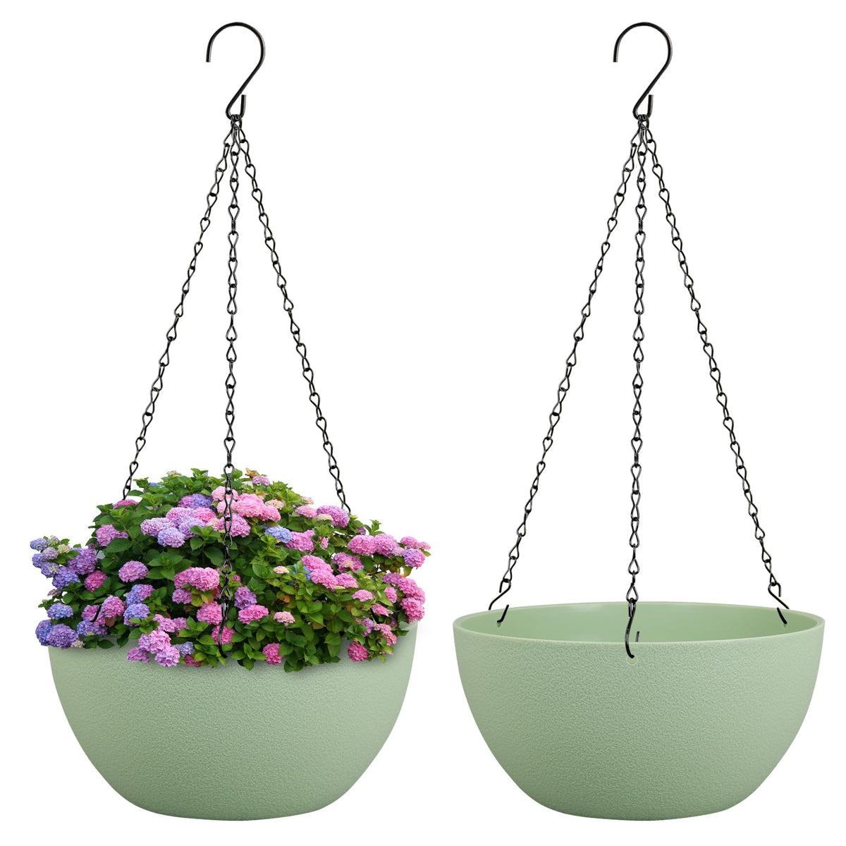 Meowell 10 inch Hanging Planters for Indoor Outdoor Plants, 2 Pack Hanging Flower Pots with Drainage Holes and Chain for Garden Porch, Round Plastic Hanging Baskets for House Plants, Black