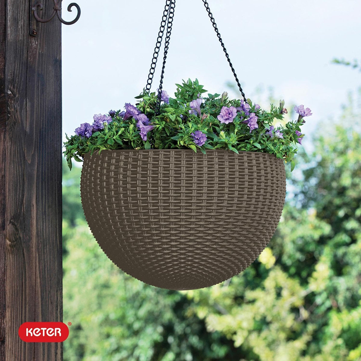 Keter Resin Rattan Set of 2 Round Hanging Planter Baskets for Indoor and Outdoor Plants-Perfect for Porches and Patio Decor, Cappuccino