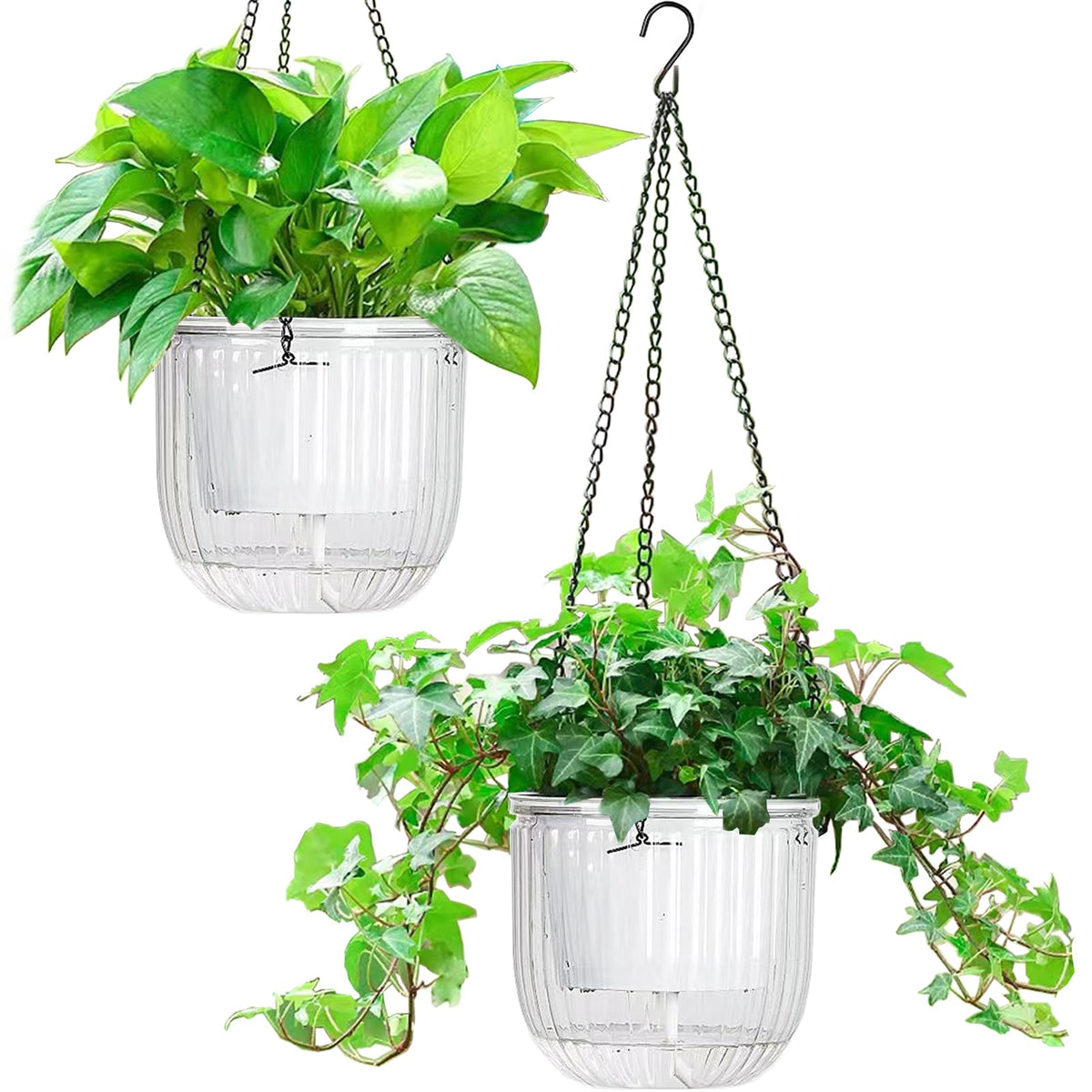 Melphoe 2 Pack Self Watering Hanging Planters Indoor Flower Pots, 6.5 Inch Outdoor Hanging Basket, Plant Hanger with 3Hooks Drainage Holes for Garden Home (Emerald)