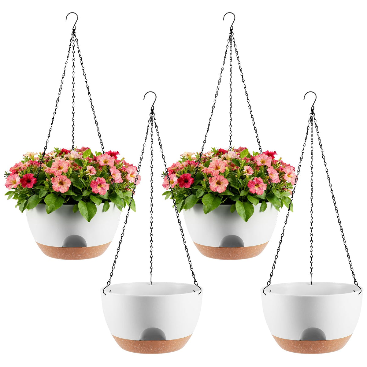 4-Piece Set of 8-Inch Hanging Planters with Automatic Watering System and Drip Tray, Includes Metal Chain, Suitable for Various Indoor and Outdoor Plants and Flowers, Black-Brown