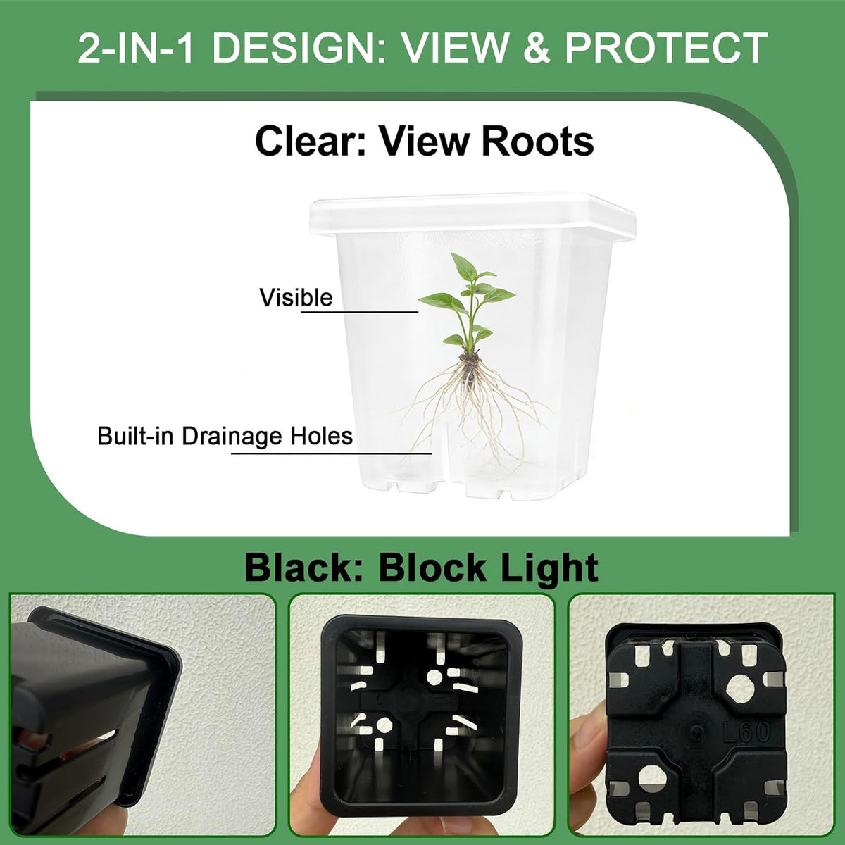 2 Inch Square Nursery Pots, 50 Pack (25 Clear + 25 Black) Seedling Starter Pots, Plastic Plant Pots with Drainage Holes, for Seed Germination, Root View, and Light Blocking