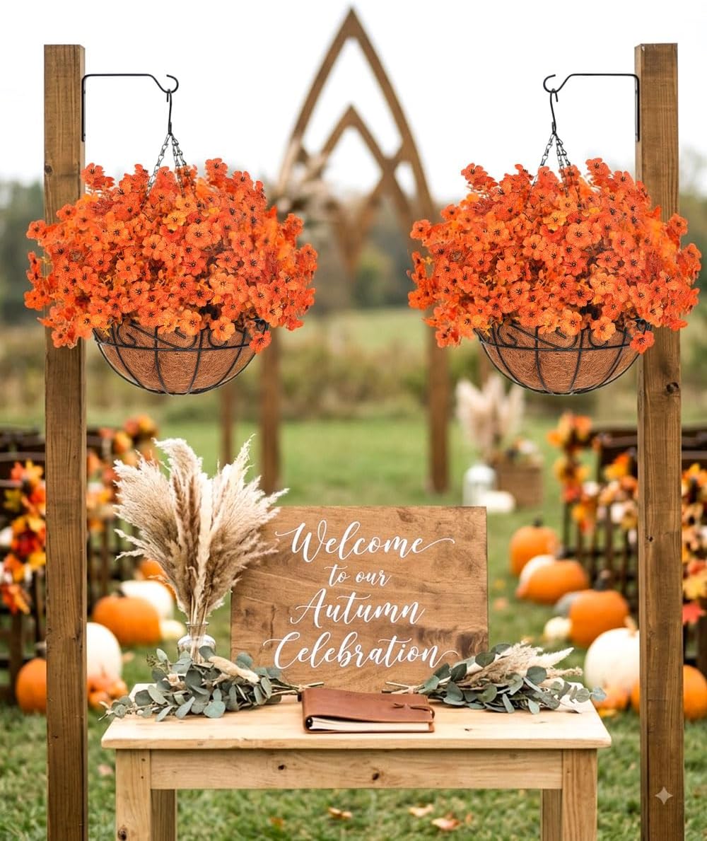 2 Set Artificial Fake Fall Mums Flowers Planter Hanging Basket for Outdoor