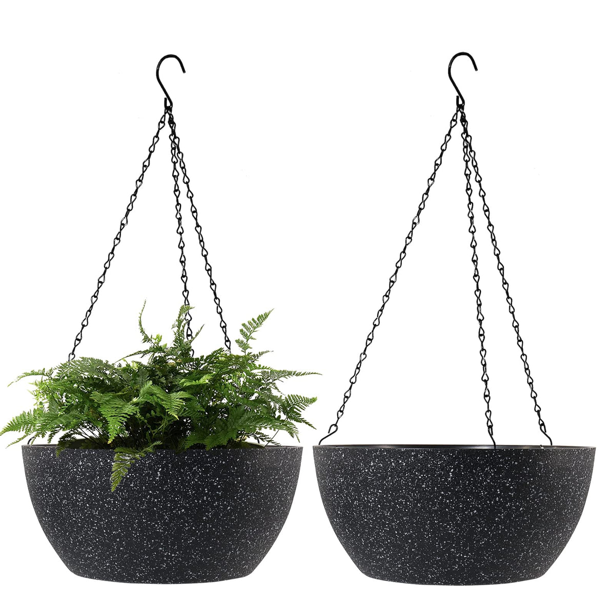 WOUSIWER 13 inch 2Pack Large Hanging Planters for Outdoor Indoor Plants with Drainage Holes and Chain, Round Hanging Flower Pots for Garden Home Porch Decor, Black
