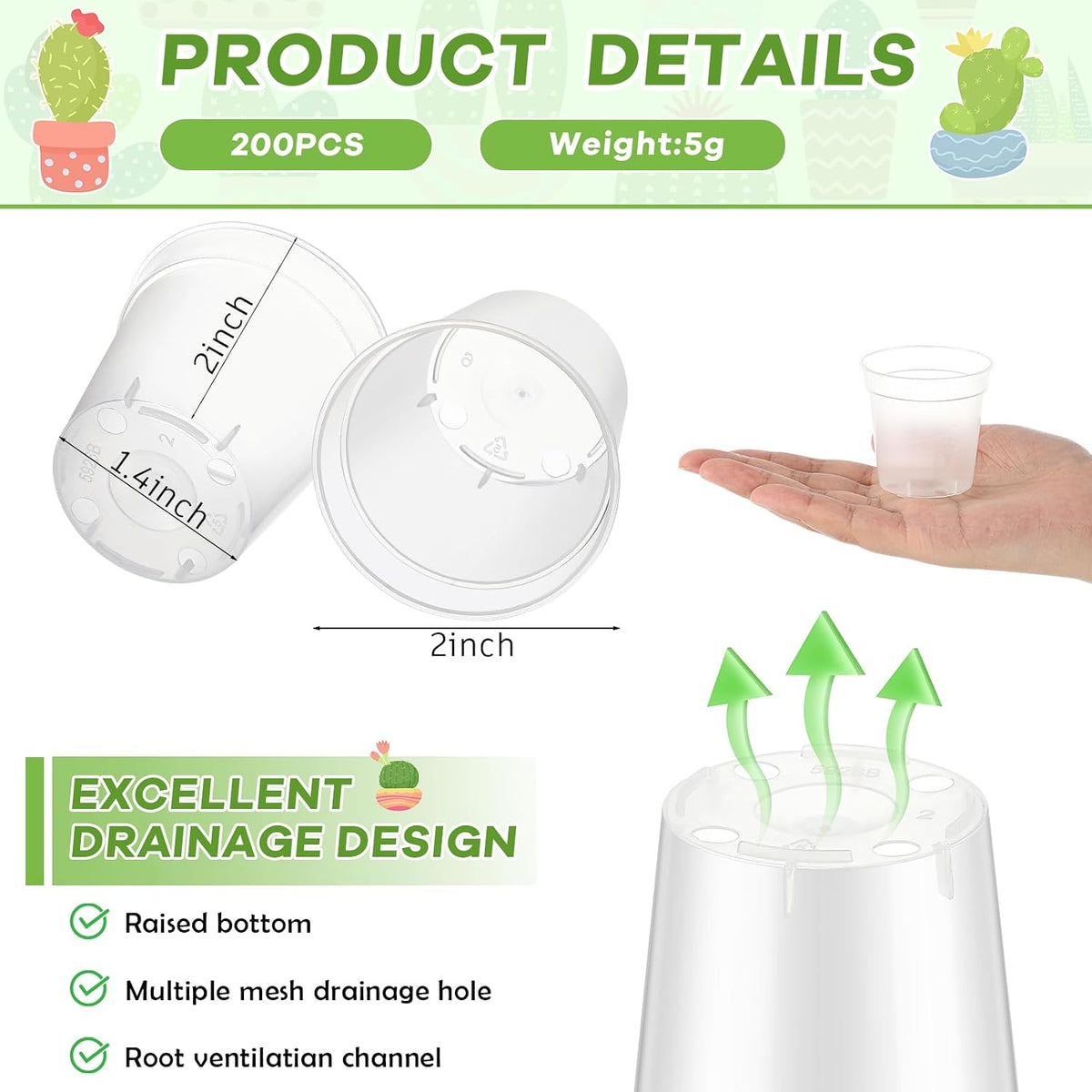 Yaomiao 200 Pcs 2 Inch Clear Mini Nursery Pots with Drainage Holes