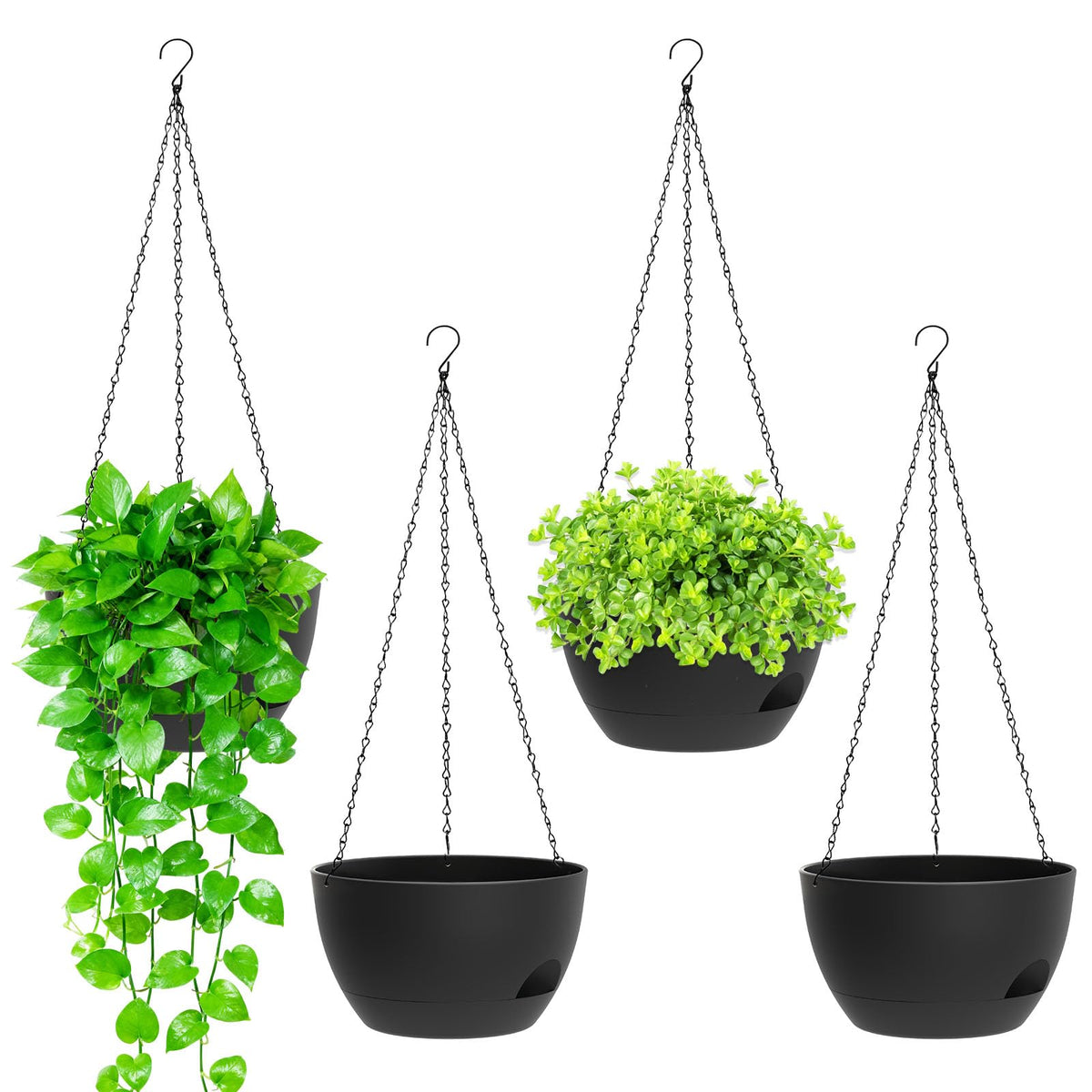 8 Inch Hanging Planters for Indoor Outdoor Plants, 4 Pack Black Plastic Self Watering Hanging Baskets with Drainage Holes and Chain for Garden Porch