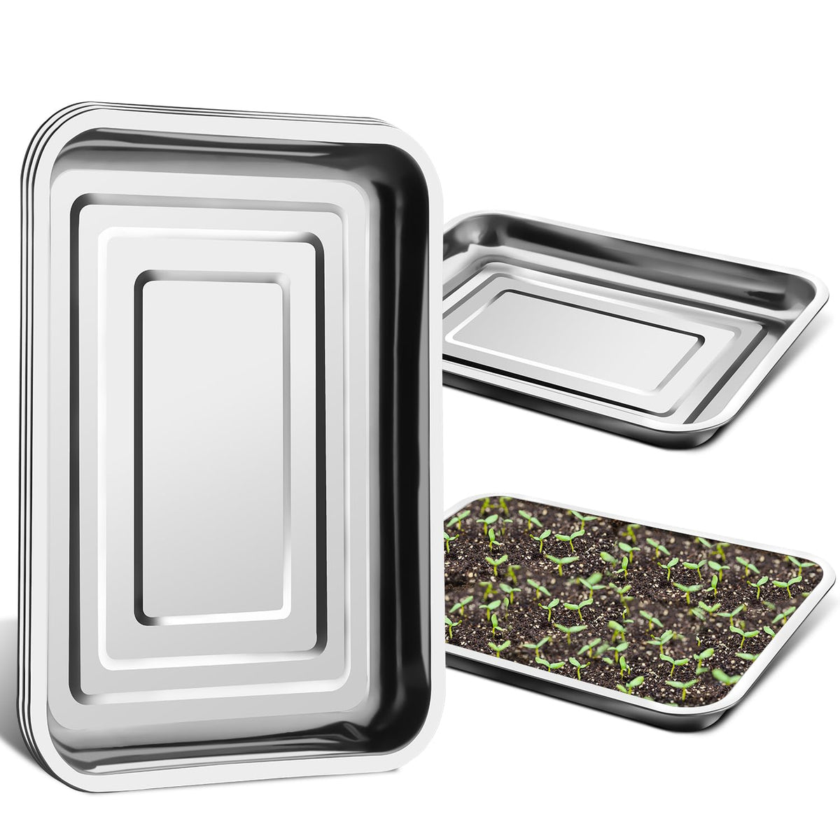 RooTrimmer 5 Pack Large Stainless Steel Seedling Trays, Heavy Duty Metal Water Catch Trays for Nursery Pots-Transplant, Seed Germination & Propagation Flats (17.5 inch×13.56 inch, 1.18" Height)
