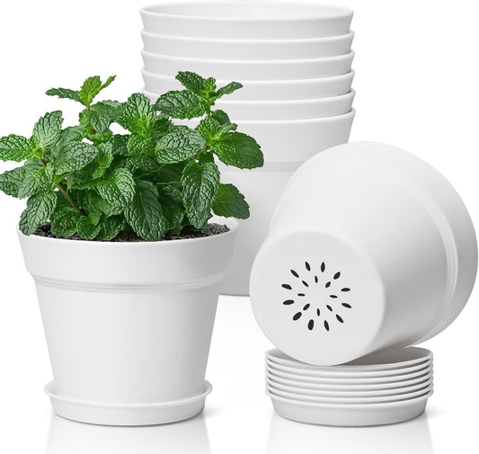 T4U Small Plant Pots 5 Inch 8 Pack, Plastic Indoor Flower Pots Saucer White