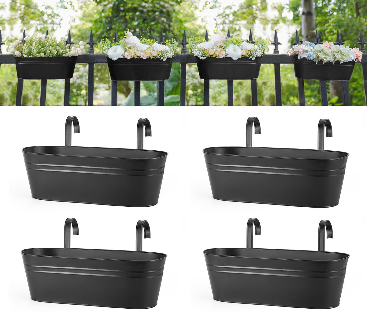 Dahey 15 Inches Railing Planter Box 3 Pcs Metal Hanging Flower Pots, Black