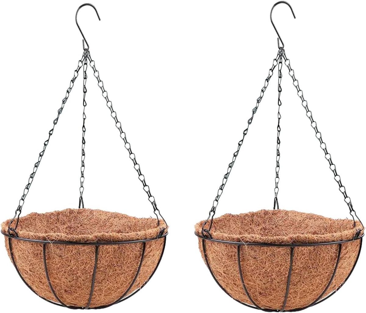 LaLaGreen Round Hanging Baskets (10 in, 2 Pack) Black Metal Coco Liner Pots