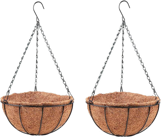LaLaGreen Round Hanging Baskets (10 in, 2 Pack) Black Metal Coco Liner Pots