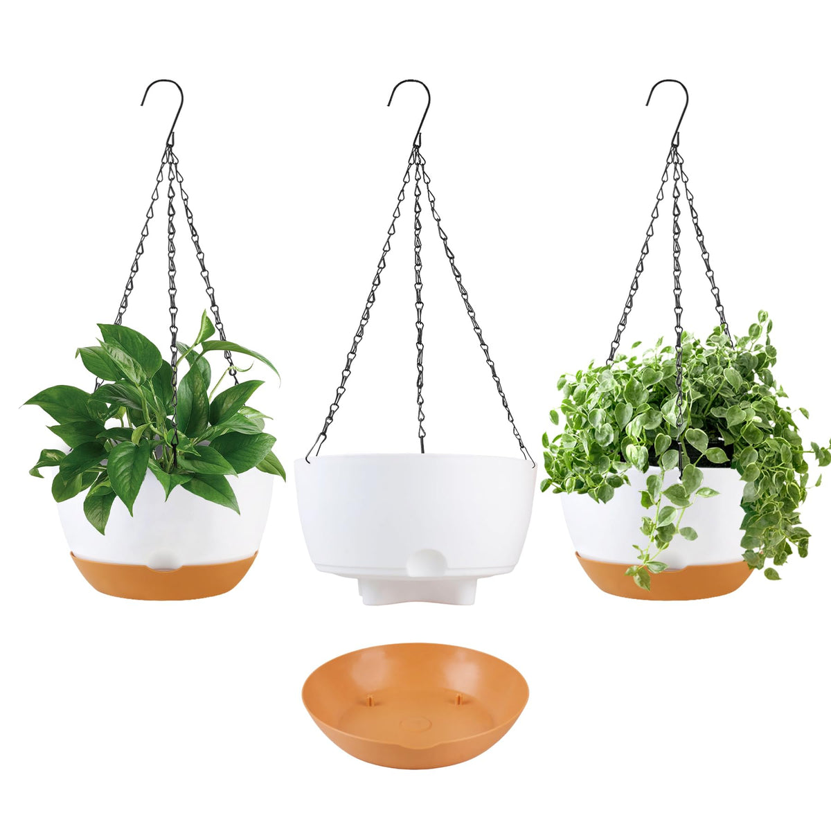 KPUVX 4 Pack Plastic Hanging pots for Plants Indoor,8 Inch Plant Pot Indoor Outdoor Hanging Baskets,Hanging Flower Pots with Drainage Holes and Chain for Garden Porch Plants(Black)