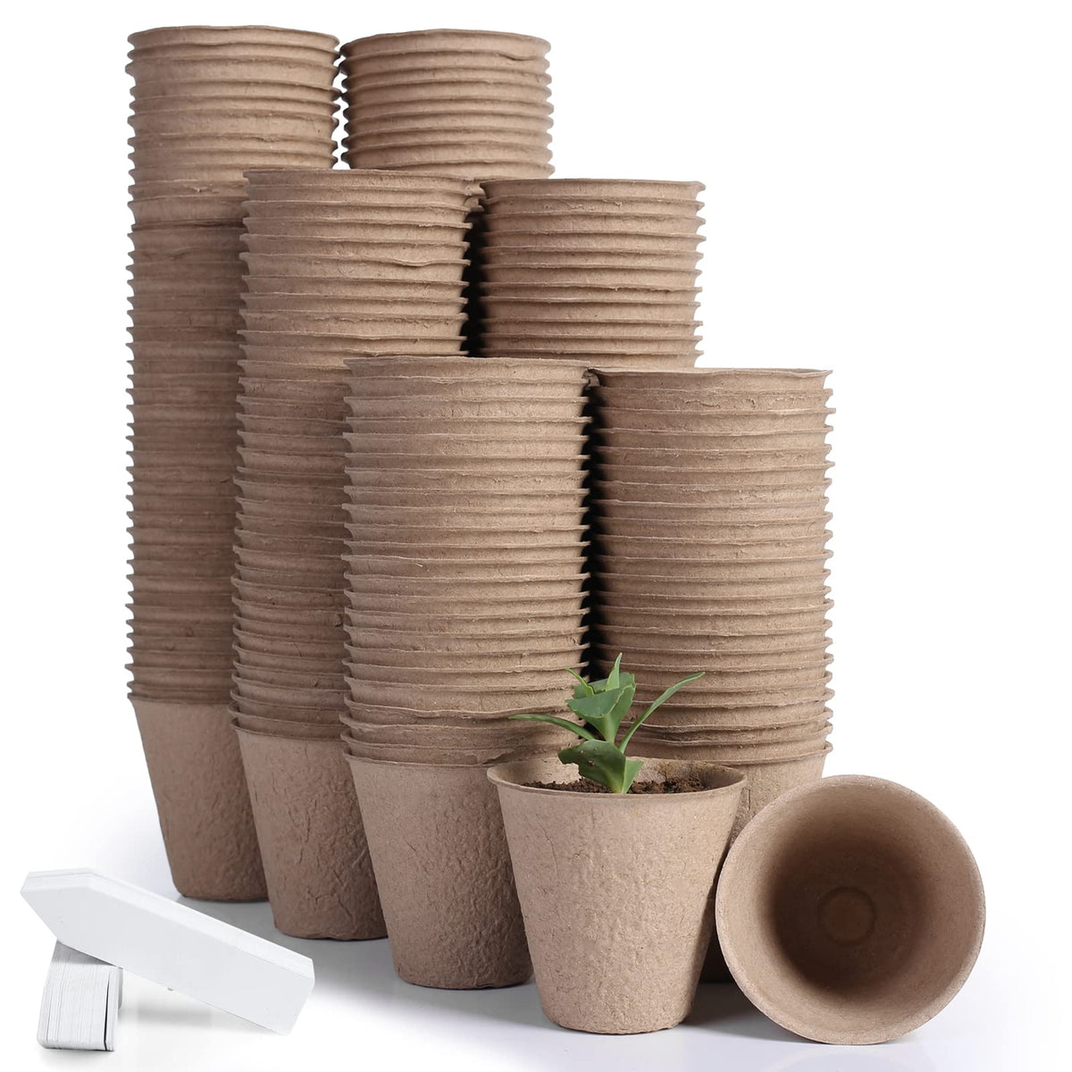 JERIA 100-Pack 3.15 Inch Peat Pots for Seedling with 100 Pcs Plant Labels,Outdoor Garden Germination Nursery Pots,Biodegradable Seed Starter Pots Kits