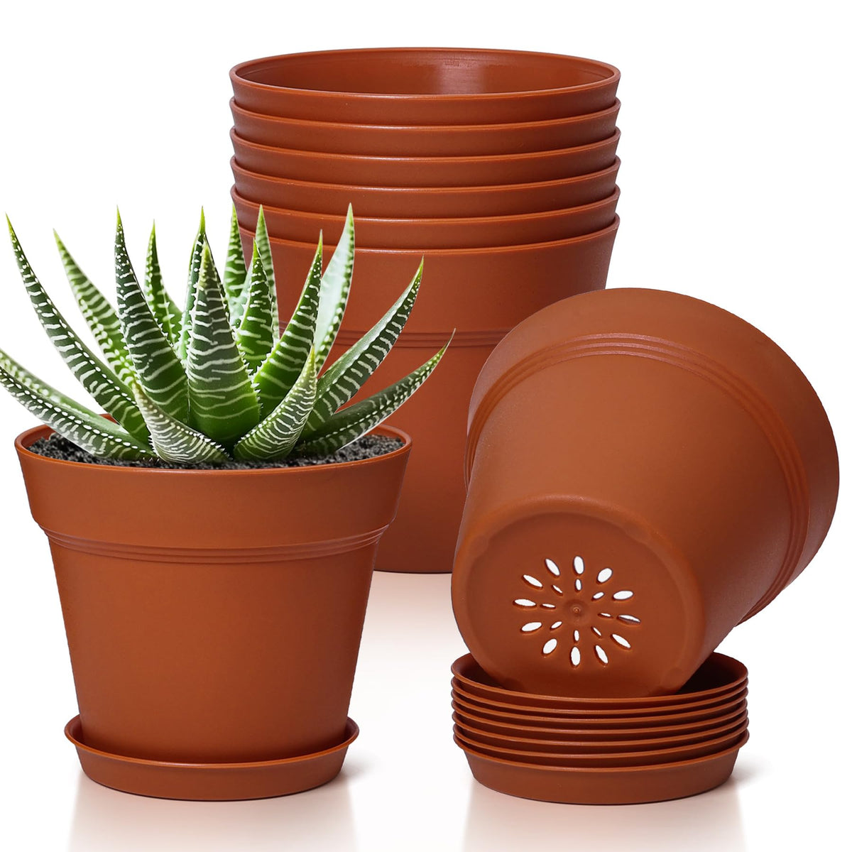 T4U Small Plant Pots 5 Inch 8 Pack, Plastic Indoor Flower Pots Saucer White