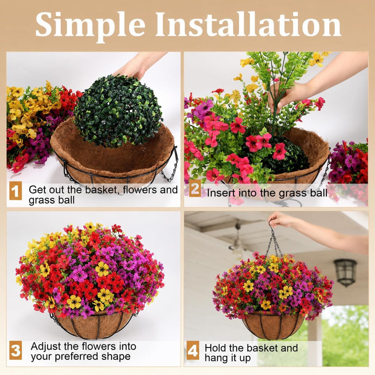 Artificial Hanging Baskets, 24 Pcs Mixed Color Mums UV Resistant Outdoor