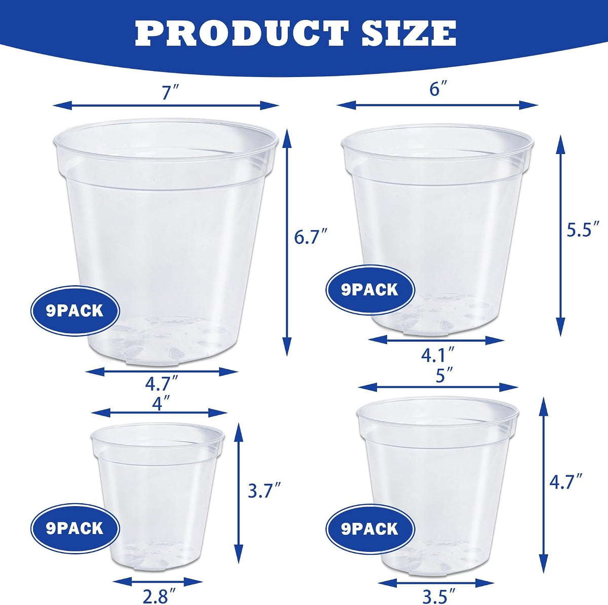 Hourleey 36 Pack 4/5/6/7 Inch Clear Nursery Pots for Plants, Plant Pots with Drainage Holes, Transparent Seedling Pots for Seed Starters Planter Flower
