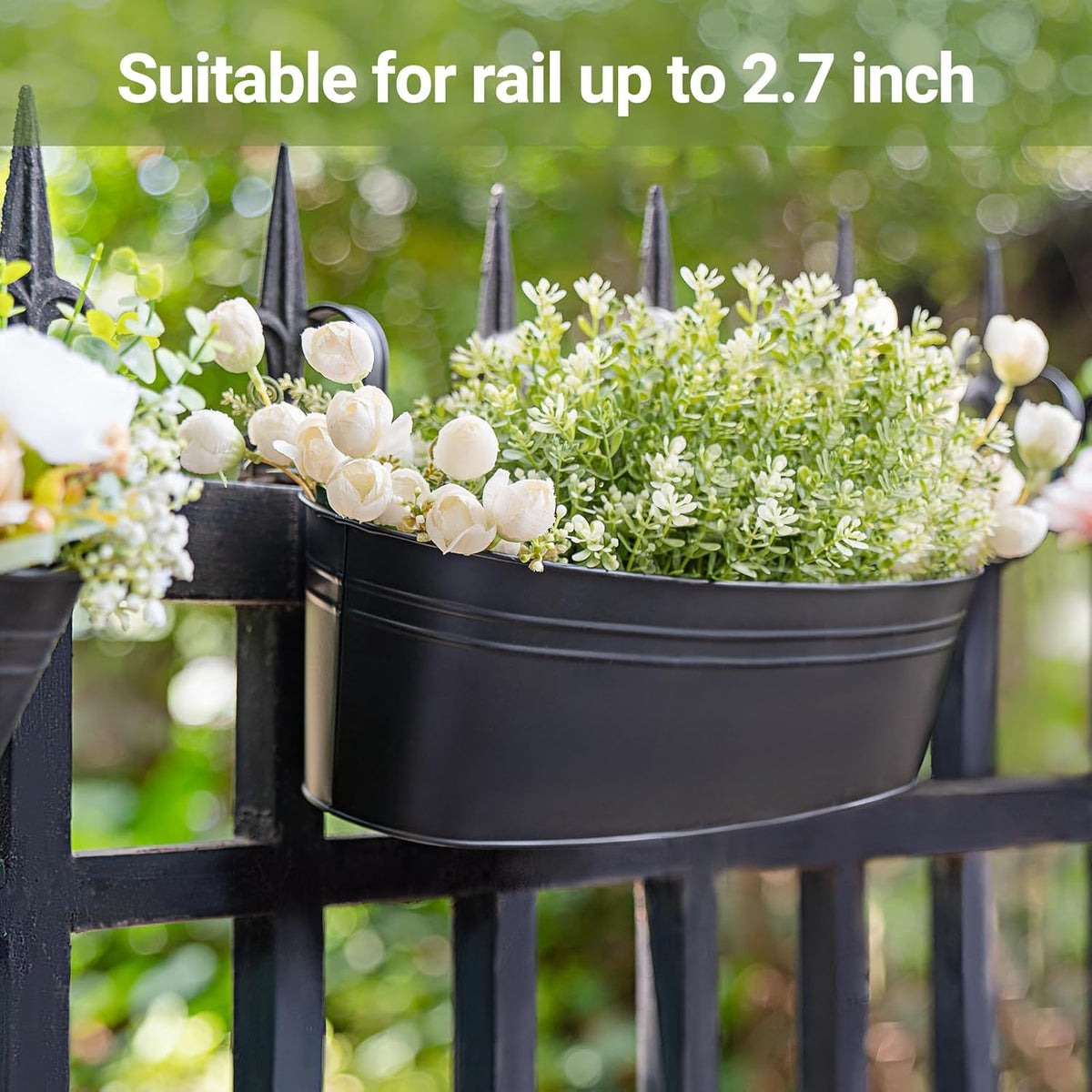 Dahey 15 Inches Railing Planter Box 3 Pcs Metal Hanging Flower Pots, Black