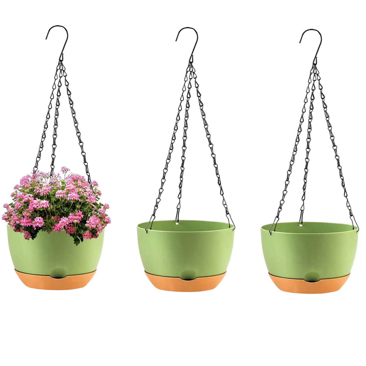 KPUVX 4 Pack Plastic Hanging pots for Plants Indoor,8 Inch Plant Pot Indoor Outdoor Hanging Baskets,Hanging Flower Pots with Drainage Holes and Chain for Garden Porch Plants(Black)