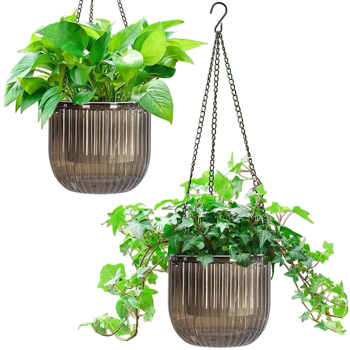 Melphoe 2 Pack Self Watering Hanging Planters Indoor Flower Pots, 6.5 Inch Outdoor Hanging Basket, Plant Hanger with 3Hooks Drainage Holes for Garden Home (Emerald)