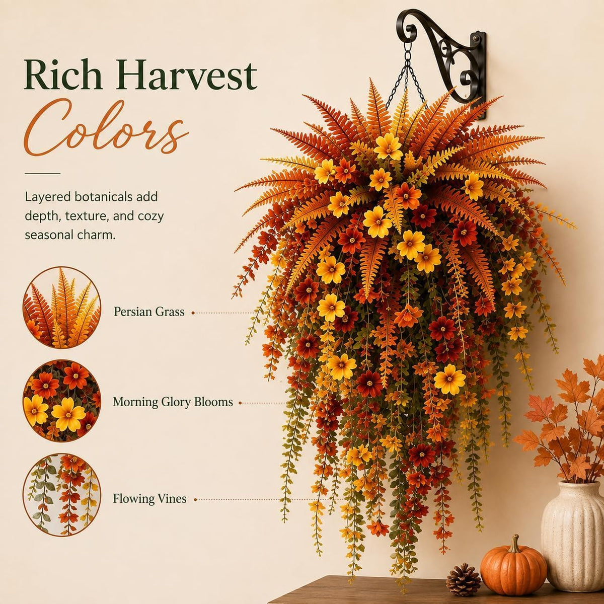 Artificial Fall Harvest Hanging Flowers Decor Outdoor，Orange*1