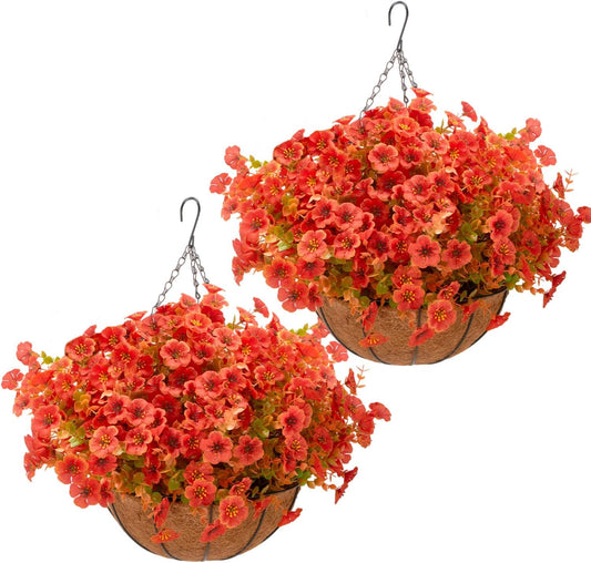 Artificial Outdoor Flowers with Hanging Baskets, 24pcs Fake Fall Mums Flower with 2 Pack Hanging Planters, Realistic UV Resistant Hanging Plants for Autumn Front Porch Garden Home Patio Yard Decor