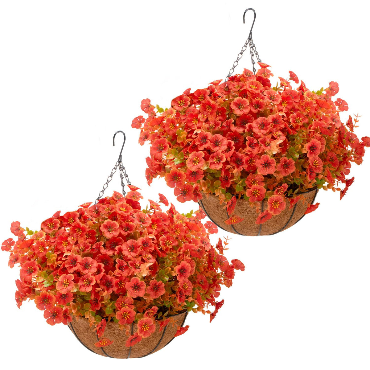 Artificial Outdoor Flowers with Hanging Baskets, 24pcs Fake Fall Mums Flower with 2 Pack Hanging Planters, Realistic UV Resistant Hanging Plants for Autumn Front Porch Garden Home Patio Yard Decor