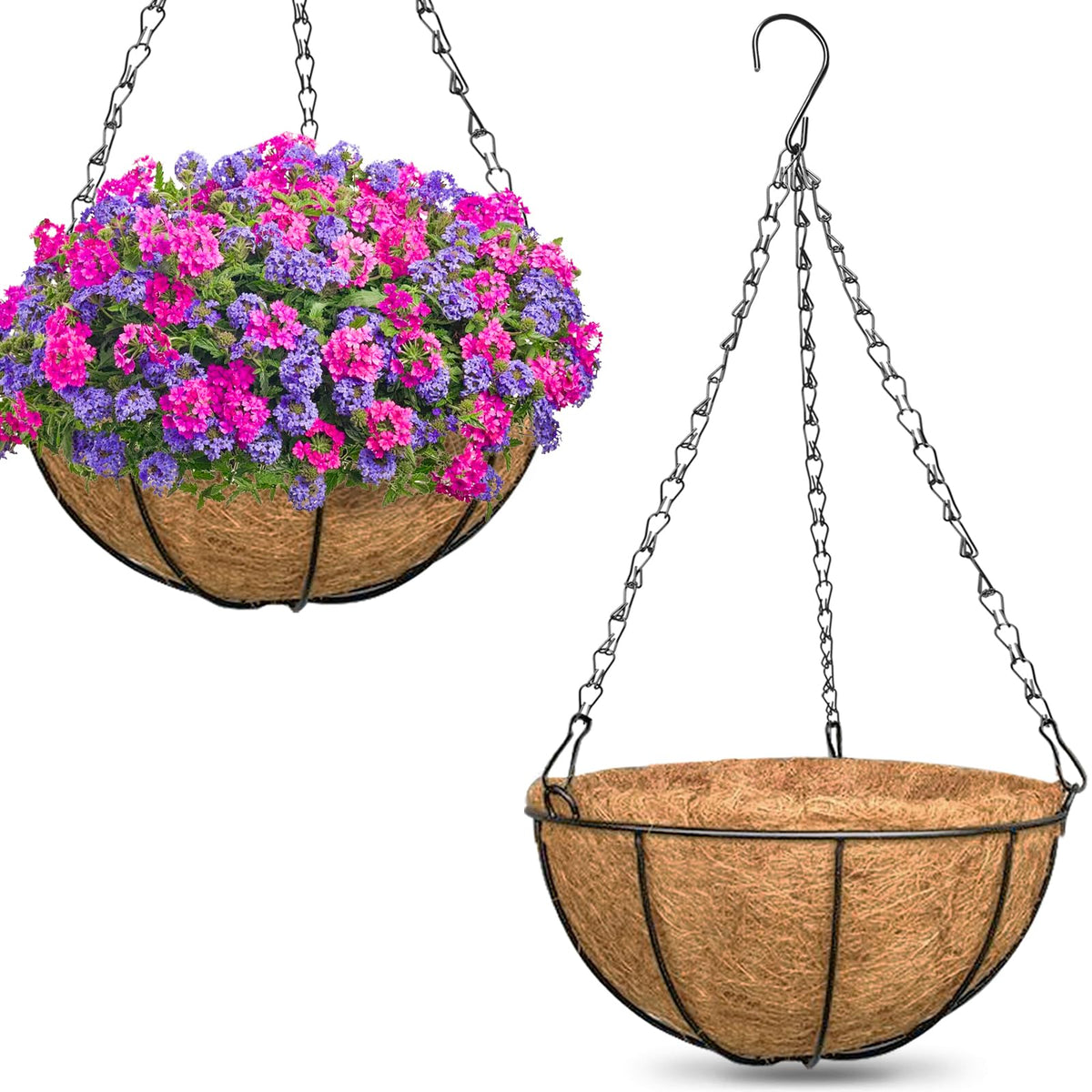 ZeeDix 2 Pack 14 Inch Hanging Baskets for Plants Outdoor, Metal Wire Round Planters with Coco Liner, Hanging Flower Baskets for Home Garden Porch Balcony Railings Decor