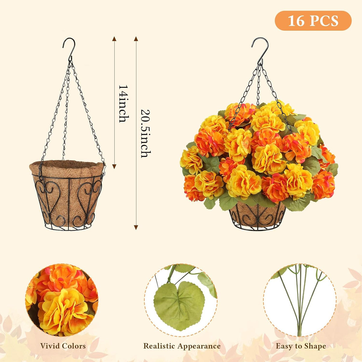 2 Set Artificial Outdoor Fall Flowers with Hanging Baskets