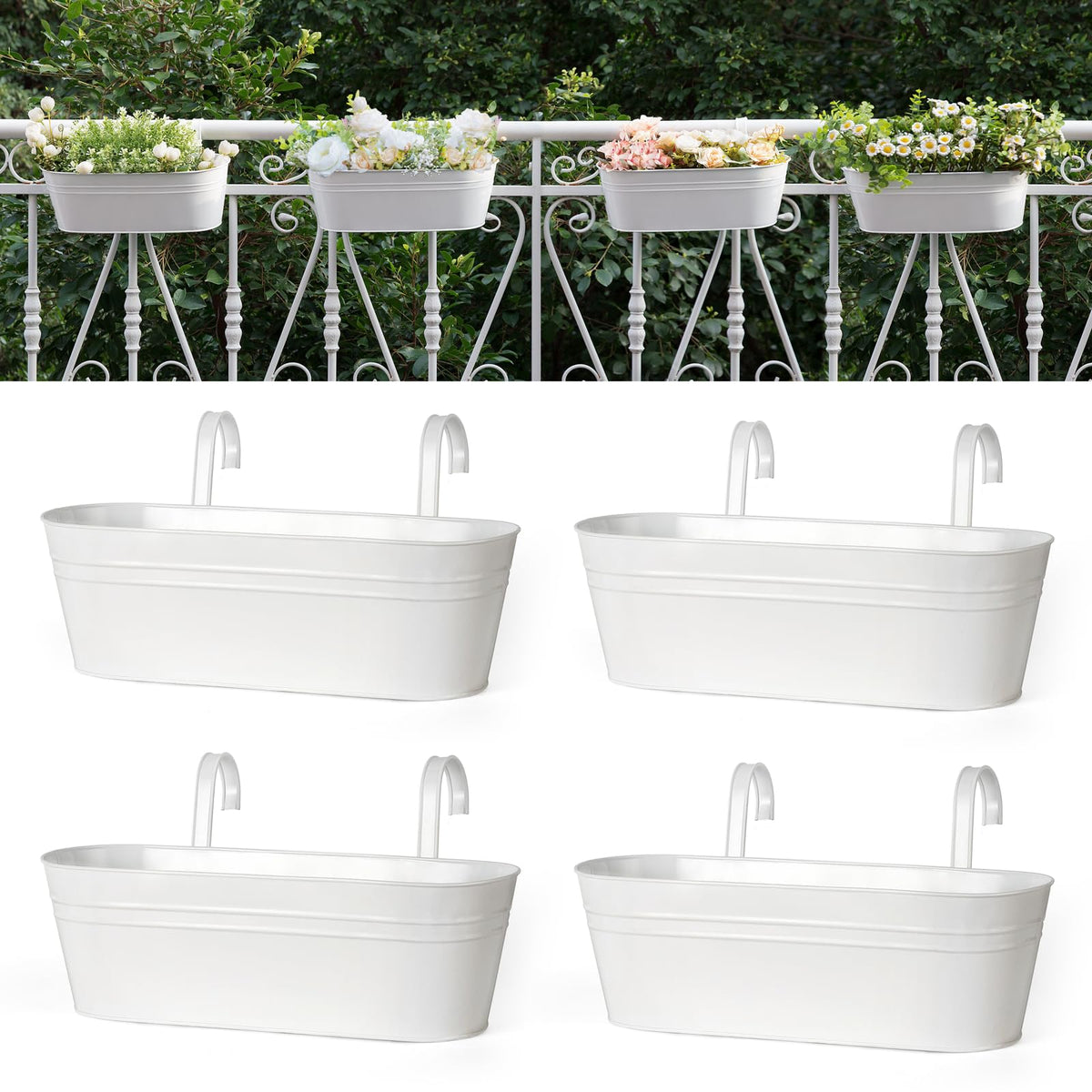 Dahey 15 Inches Railing Planter Box 3 Pcs Metal Hanging Flower Pots, Black