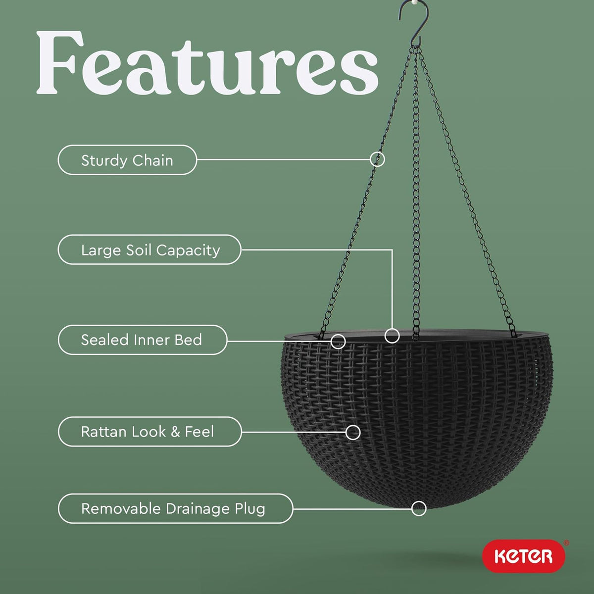 Keter Resin Rattan Set of 2 Round Hanging Planter Baskets for Indoor and Outdoor Plants-Perfect for Porches and Patio Decor, Graphite