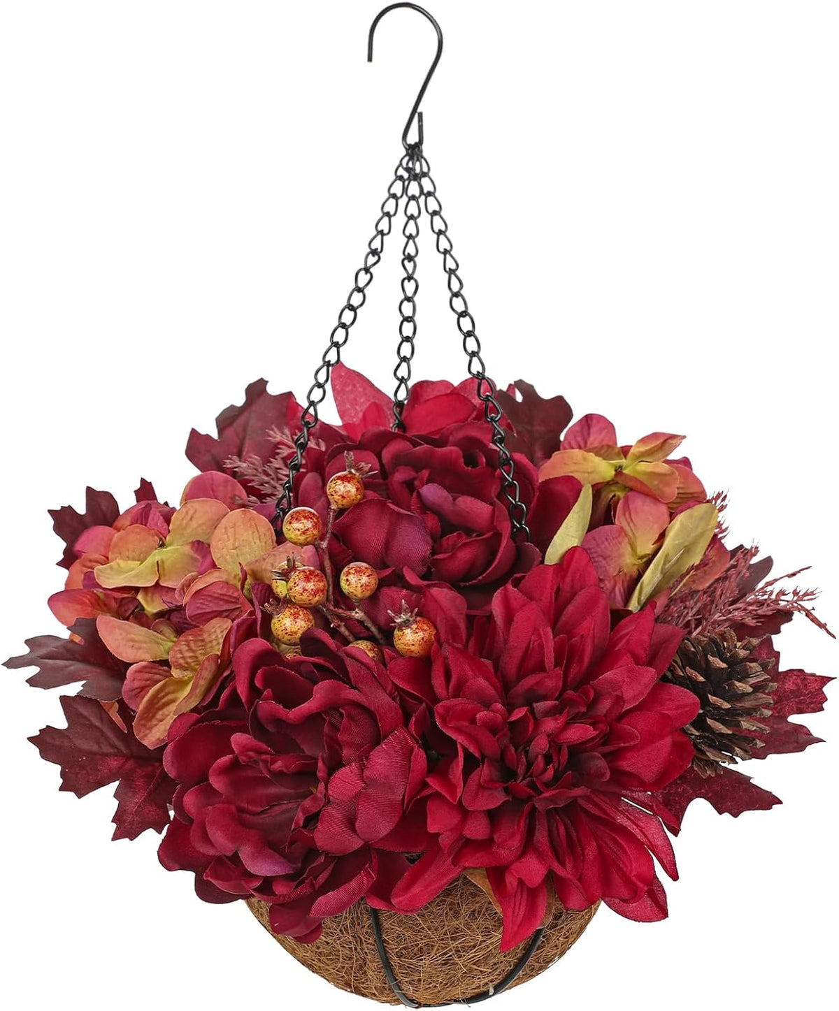 Hollyone 11" Fall Hanging Baskets Hydrangea Peonies Small Artificial Flowers Fall Hanging Decor Hydrangea Fake Flowers Faux Plants Red Orange Indoor Outdoor Porch Patio Garden Autumn Home Decorations