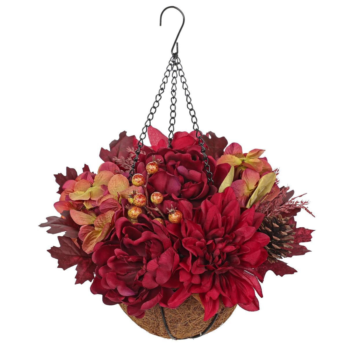 Hollyone 11" Fall Hanging Baskets Hydrangea Peonies Small Artificial Flowers Fall Hanging Decor Hydrangea Fake Flowers Faux Plants Red Orange Indoor Outdoor Porch Patio Garden Autumn Home Decorations
