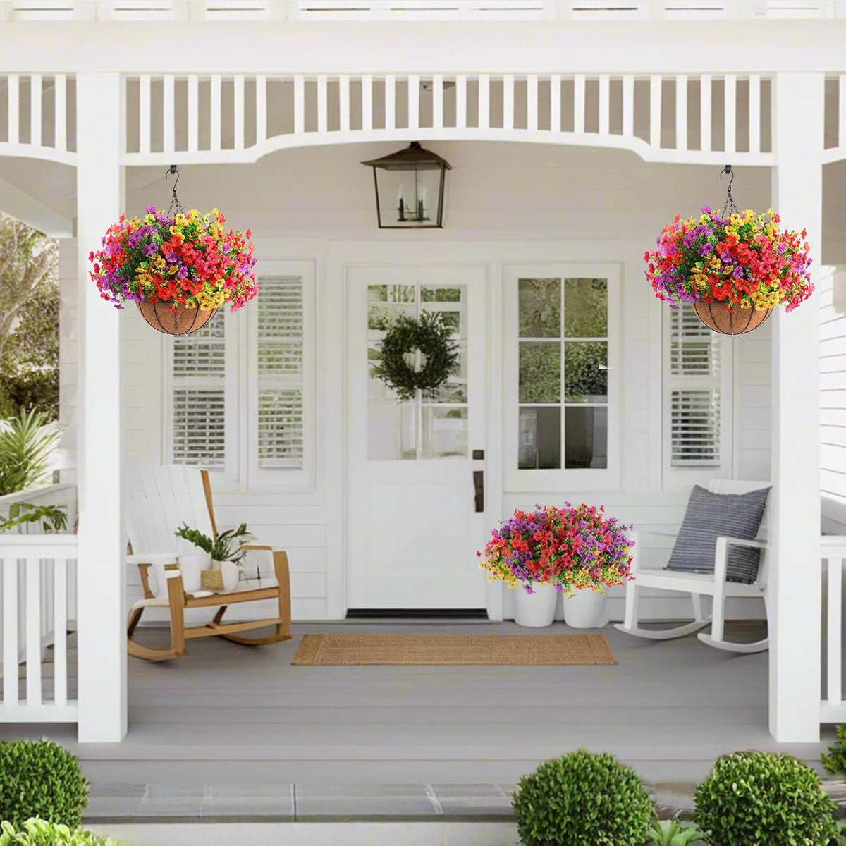 Hananona 2 Set Artificial Outdoor Flowers with Hanging Basket, 2 Hanging Planters with 24 Pcs Flowers for Spring Summer Front Porch Garden Patio Home Decor (2, Red, Purple, Yellow, Rose Red)