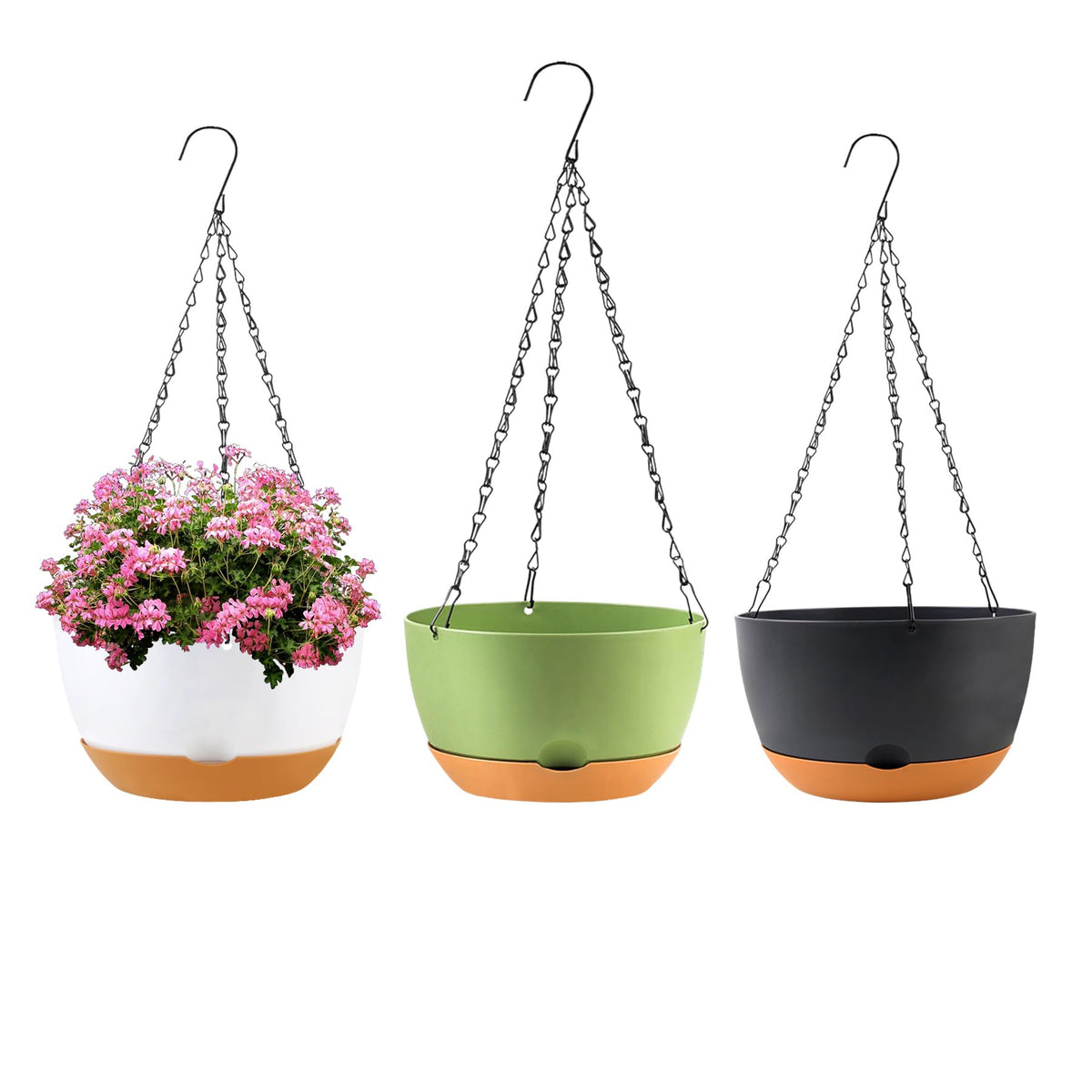 KPUVX 4 Pack Plastic Hanging pots for Plants Indoor,8 Inch Plant Pot Indoor Outdoor Hanging Baskets,Hanging Flower Pots with Drainage Holes and Chain for Garden Porch Plants(Black)