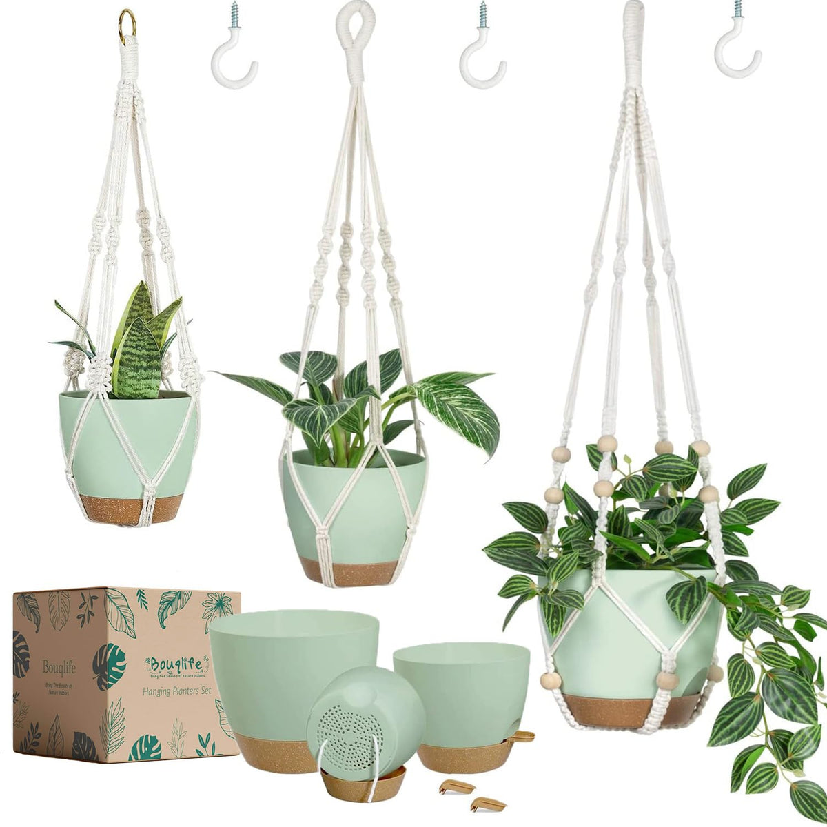 Bouqlife 3 Set Self Watering Hanging Planters for Indoor Plants