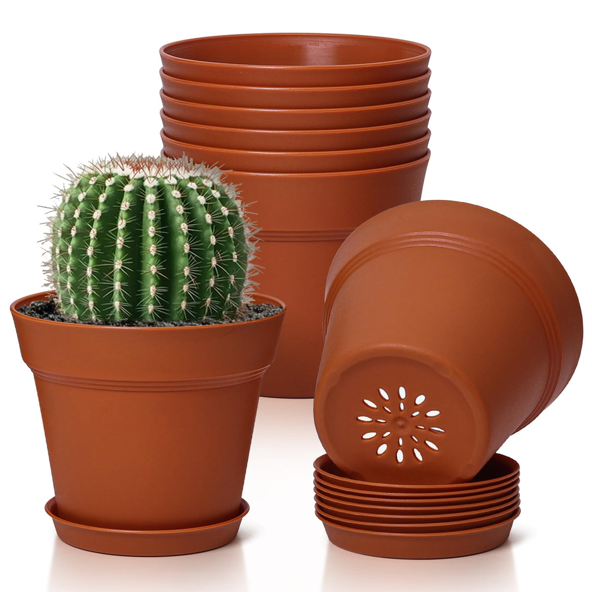 T4U Small Plant Pots 5 Inch 8 Pack, Plastic Indoor Flower Pots Saucer White