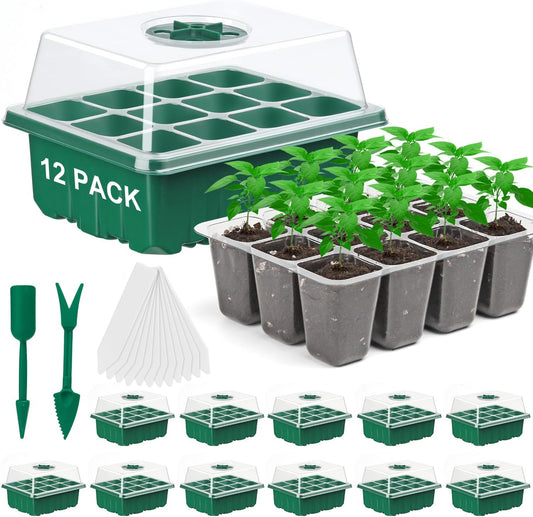 12 Pack Seed Starter Trays, 144Cell Stater Kit with Humidity Dome Green