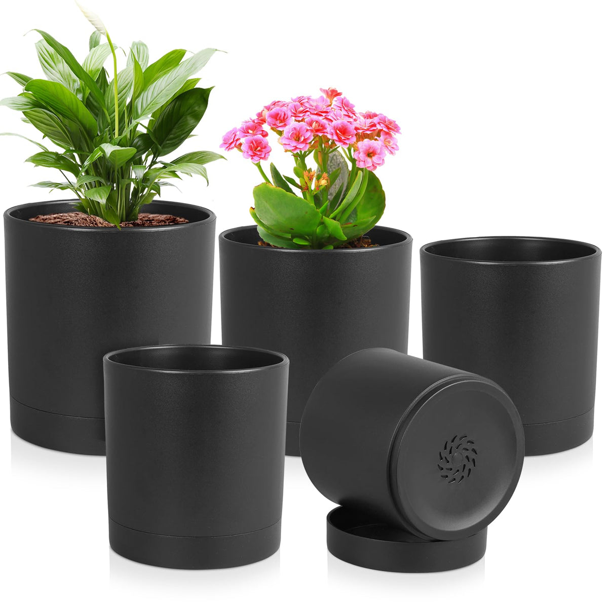 Meowell 8/7/6 inch Plant Pots, 3 Set Cylinder Flower Pots for Outdoor Indoor Plants, Decorative Plastic Planters with Drainage Holes and Saucers for Garden House Plants, Black