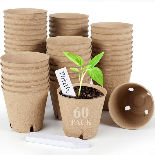 60-Pack 4” Biodegradable Peat Pots with 60 Plant Labels - Eco-Friendly Seedling Pots with Drainage Holes for Efficient Seed Starting and Garden Nursery Use